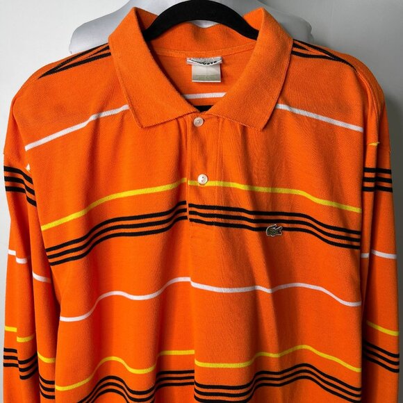 Lacoste Men's Orange White Striped Long Sleeve 100% Cotton Polo Shirt Size 9 - Picture 2 of 11